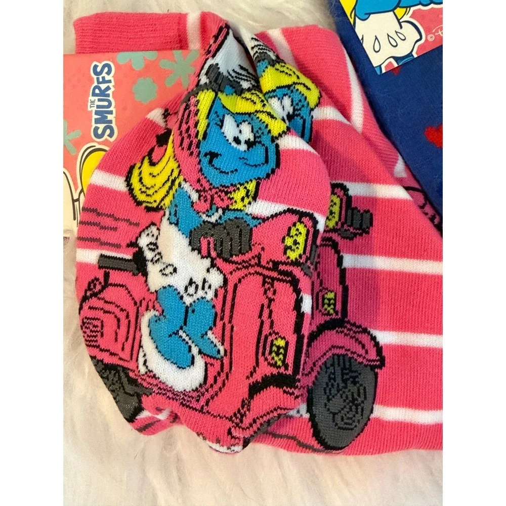 The Smurfs Smurfette Crew Socks 2 Pair Set Pink Blue Hearts Scooter NWT One Size
